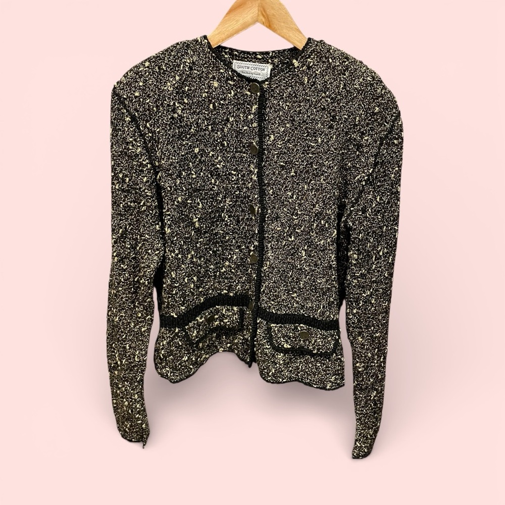 Vintage 80s-90s luxury hand knit mixed chunky cardigan sweater coin buttons